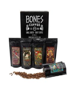 Bones Coffee Company NEW World Tour Sample Pack, Single-Origin Flavored Coffee Medium Roast Arabica Beans Specialty Coffee Gifts Compatible Auto Drip and French Press, 4 oz Pack of 5 Whole Bean
