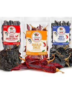 Amazing Chiles & Spices Dried Chile Peppers Variety Pack - Ancho, Guajillo, Pasilla Chiles (12 oz Total) for Authentic Mexican Recipes