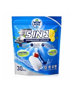 5-in-1 Dishwasher Tablets, 30 PCS WOW Pods Dishwashing Capsules with Lemon Scent and Rinse Aid Powerful Grease Removal Spot-Free Shine Lemon Fresh Dishwashing Detergent Pods