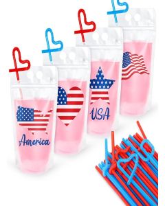 JarThenaAMCS 36Set 4th of July Drink Pouches with Straws Patriotic Hot Cold Drink Bags American Flag Reclosable Clear Reusable Translucent Plastic Juice Pouches Handheld for Independence Day Party