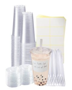 Xlong 50 Sets Clear Plastic Cups With Flat Lids,16oz Disposable Iced Coffee Cups with Straws and Stickers,Plastic Cups for Iced Coffee,Cold Drinks,Juice, Bubble Boba Tea,Smoothie, Milkshake