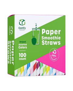 Comfy Package [100 Pack] 10 mm Jumbo Striped Paper Smoothie Straws, 100% Biodegradable Paper Boba Straws, Disposable Milkshake Straws - Assorted Colors