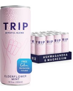 TRIP Mindful Blend Elderflower Mint - Carbonated Adaptogen Drink with Ashwagandha & Magnesium, 12 Fl Oz (Pack of 12)