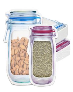 SKY FLEXI PACK Mason Jar Ziplock Bags, 50 Pcs Set (25 Pcs Each of 13.5x19.5cm & 15x25cm), Bottle Shaped Airtight Pouches for Fridge, Freezer, Kitchen & Travel Storage, Reusable & Leakproof