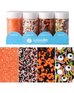 Sweets Indeed Halloween Sprinkles 4-Pack – 11.57 oz Jar Set with Candy Eyeball Mix, Bat & Pumpkin Quin Mix, Orange Sanding Sugar & Black/White/Orange Nonpareils