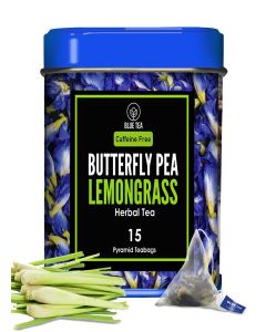 BLUE TEA - Butterfly Pea Flower Tea - Lemongrass - 15 Tea Bags - Plant Based // WELLNESS TEA // Herbal Tea - Aparajita - Shankhpushpi // Flower Based - Caffeine Free / Tin Pack
