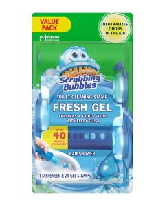 Scrubbing Bubbles Fresh Gel Toilet Bowl Cleaning Stamps Helps Keep Toilet Clean and Helps Prevent Limescale Rings Rainshower Scent 1 Dispenser with 24 Fresh Gel Stamps