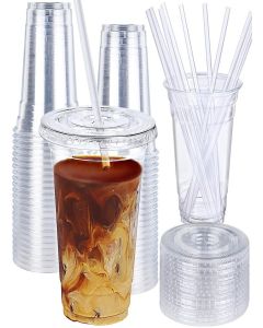 Zcaukya 100 Pack 16oz Plastic Cups with Lids and Straws, Disposable Clear Cups for Iced Coffee, Soda, Smoothies, Fruit Juices, Iced Tea and Coffee Bar Accessories