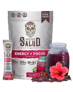 Salud 2in1 Energy Drink Powder Focus Hibiscus Organic Caffeine B6 B12 Theanine Clean Energy Drink Packets Jamaica Agua Fresca Mix NonGMO Gluten Free Vegan 1g of Sugar 15 Servings