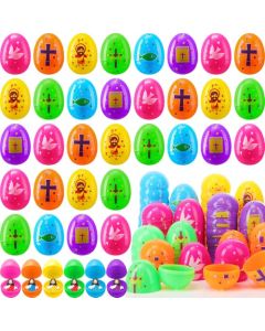 Barydat 60 Pcs Religious Fillable Eggs Bulk for Easter Party 236 Inch Bright Plastic Empty Eggs for Hunt Jesus Printed with Cross Jesus Love You for Easter Sunday Celebrate Party Favors