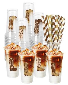 JarThenaAMCS 100Pcs Cowboy Plastic Cups with Lids Straws Disposable Cups 12oz Brown Cowboy Boots Drinking Cup for Western Birthday Baby Shower, 4 Designs