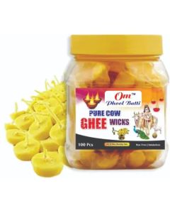 Om Phool Batti Cow Ghee Diya Batti for Puja 30 min Burning Time 100 Wax Free Pooja Ghee Batti for Home Decoration Festivals Religious Rituals Handmade Cotton Wicks 100 Pcs