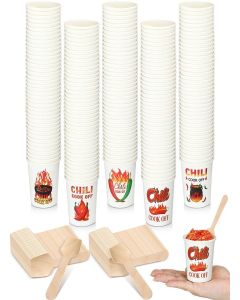 RimCereal 400 Pcs Chili Cook off Party Decorations Include 200 Disposable Sample Tasting Paper Cups and 200 Wooden Spoons for Chili Cook off Party Supplies(5 oz)