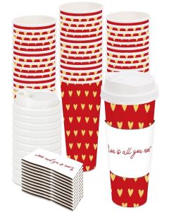 JarThenaAMCS 48 Set Valentine's Day Disposable Coffee Cups with Lids and Sleeves Red Gold Heart Paper Drinking Cups for Valentine's Day Wedding Party Supplies