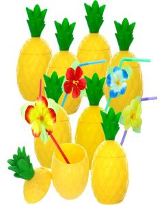 GiftExpress 12-pack Plastic Pineapple Cups with Lids and Hibiscus Straws, Hawaiian Party Cups Luau Aloha Party Favor (12)
