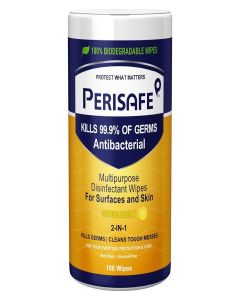 PERISAFE Multipurpose Disinfectant Wipe For Surfaces & Skin-100 Wipes / 100% Biodegradable Wipes / Antibacterial / 2-IN-1- Kills Germs & Cleans Tough Messes