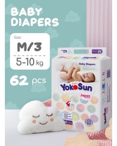YokoSun Baby Diapers, Size 3 / M (5-10 kg), 62 pcs – Ultra-Soft, Hypoallergenic Nappies, Japanese Technology for Baby Skin Care, Leakproof with 12-Hour Dryness Protection
