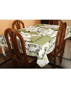 Dekor World Floral Printed Green Square Table Cover with Place Mat & Napkin (Pack of 13) 150X150 Cm / 60X60 Inches for 4 Seater Dining Table