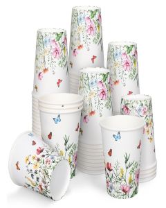 FYSUIMU 50Pcs Wildflower Paper Cups 9 oz Disposable Coffee Cups Floral Party Cups for Spring Wedding Bridal Baby Shower Birthday Party Supplies