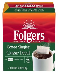 Folgers Coffee Singles Classic Decaf Medium Roast Coffee, 19 Single Serve Coffee Bags