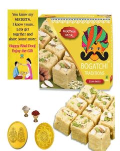 BOGATCHI Bhai Dooj Gift Traditional Soan Papdi, 400g + Free Bhai Dooj Greeting Card + Roli Chawal