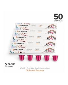 Di Barista Venice Decaf Coffee Capsules - Pack of 5 Sleeves – Colombian 100% Arabica Decaffeinated Espresso Pods / Mountain Water Process / Nespresso Compatible