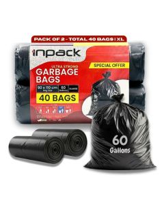 Inpack Ultra Strong Garbage Bags 60 Gallon XL, 90 x 110 cm, 40 Bags Pack / Heavy Duty Black Bin Bags for Home, Kitchen, Office, Hotel & Commercial Waste