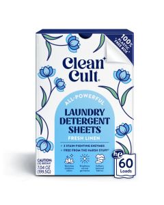 Cleancult Laundry Detergent Sheets Resealable Box 3 Stain Fighting Enzymes Fresh Linen 60 Loads Free of Harsh Chemicals No Mess No Plastic Waste