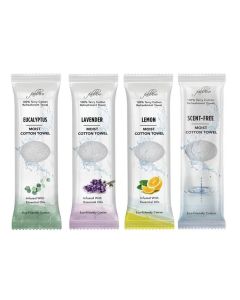 FabbPro Oshibori Moist Terry Cotton Refreshment Towels 100 Pack8x8 InchesWhite Scented Premoistened Essential Oil Infused Towel to Use Hot or Cold Unscented Lavender Lemon Eucalyptus Scents