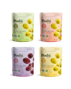 Poshi Natural Whole Pitted Olives 24 Pack Variety Basil Garlic Chili Oregano Chili Garlic Lemon Rosemary Vegan Kosher Gluten Free Keto Friendly Healthy Snacks 11 Oz Pack of 24