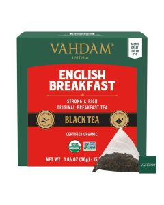 Organic English Breakfast Black Tea Bags 15 Count High Caffeine Strong and Robust Coffee Replacement Individually Wrapped
