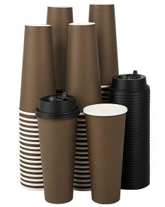 LITOPAK 100 Pack 16 oz Disposable Paper Coffee Cups with Lids for Coffee, Water, Juice, or Tea, Brown Hot Paper Cups for Home, Restaurant, Store, and Cafe