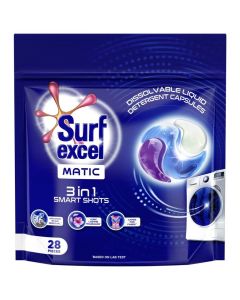 Surf Excel Matic 3 in 1 Smart Shots - 28 units of dissolvable detergent capsules with Superior Stain Removal Fabric Care and Long Lasting Fragrance 1 shot = 1 wash