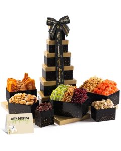 NUT CRAVINGS Gourmet Collection Sympathy Condolence Nuts Dried Fruits Tower Gift Basket with Sympathy Ribbon Greeting Card 12 Assortments Food Arrangement Healthy Snack Food Assortments