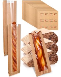 Thenshop 120 Pieces Paper French Bread Bags with Seal Stickers Baguette Bags for Homemade Brown Bread with Clear Window Kraft Loaf Bakery Storage Sacks Long Biscuits Packaging Bulk 6.5 x 2 x 18 Inch