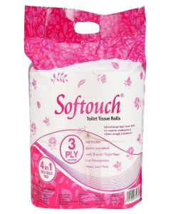 Softouch 3 Ply Toilet Roll Tissue Paper Pack of 4 (375 sheets Per Roll)