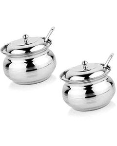 Shopsidex Stainless Steel Ghee Pot Set of 2 250 ml Stainless Steel Ghee Pot Set of 2 250 ml Stainless Steel GHEE Pot Pickle Pot with LID and Spoon