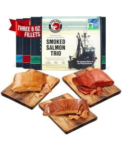 SeaBear Smoked Salmon Trio 18oz 3 x 6oz Fillets Gift Box Wild Alaska Sockeye Wild Pink Coho Fillets Shelf Stable Ready to Eat 18 Ounce 3 x 6 Ounce Filets