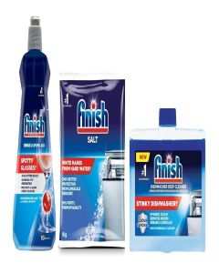 Finish Dishwasher Salt 1 kg with Rinse Aid 400ml Regular, Dishwasher Cleaner Regular 250ml Combo