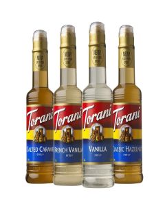 Torani Syrup, Cafe Variety Pack, 4 12.7 Ounce Bottles (Vanilla, Salted Caramel, Classic Hazelnut, French Vanilla)