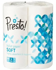 Amazon Brand - Presto! 3 Ply Toilet Paper Roll / 1200 Pulls / 300 Pulls X 4 Rolls / Soft And Highly Absorbent / 100% Natural Virgin Cellulose Fiber