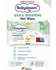 German Brand Wipes , Baby Wipes, Babydream extra sensitive wet wipes 160 pieces double pack with 2x80, for sensitive skin, gentle cleaning, without perfume, with Aloe Vera & Allantoin.