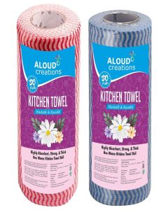 ALOUD CREATIONS Non Woven Reusable Kitchen Towel Roll - Pack of 2 (80 Pulls Per Roll, 160 Sheets) / Highly Absorbent Multipurpose Washable Tissue Rolls For Wipes, Spills and Cleaning Kitchen Slabs