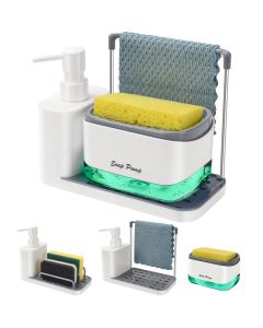 Hand and Dish Soap Dispenser Set with Tray, Dual Soap Dispenser with Sponge Holder and Dishcloth Holder 5-in-1 Organizer for Kitchen Sink Countertop Storage Organizer - Useful Kitchen Gadgets (White)