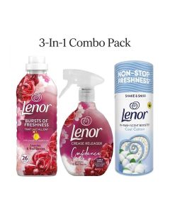 Lenor 3-in-1 Laundry Combo Pack: Jasmine & Red Berries Crease Releaser Spray 500ml, Cool Cotton Scent Booster Beads 155g & Jasmine & Red Berries Fabric Conditioner 858ml