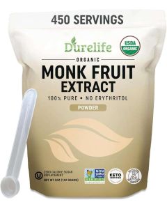 DureLife Organic 100% Pure Monk Fruit Extract Powder - No Erythritol, 450 Servings, USDA Organic, Keto Certified