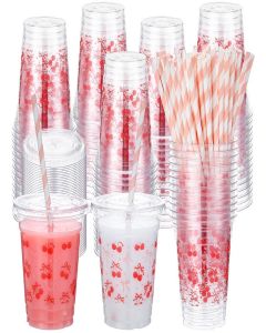 Jingmore 50 Sets Pink Cherry Disposable Plastic Cups with Lid and Straw 12 oz Cherry Theme Plastic Drinking Cups Clear Cocktail Tumblers for Coquette Birthday Bachelor Party Supplies