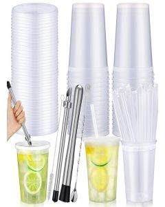 LemonRoad 24 Set Lemonade Stand Supplies Lemonade Stand Kits Include 24 Pcs 32oz Plastic Cups with Lid and Straw, Straw Puncher for Plastic Lids, Muddler, Mixing Spoon, Cleaning Brush for Summer Party