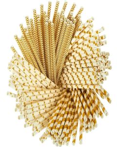 100 Pack Gold Straws, Biodegradable Paper Straws, Metallic Foil Striped/Wave/Heart/Star Straw for Party Supplies, Birthday, Wedding, Bridal/Baby Shower Decorations and Holiday Celebration